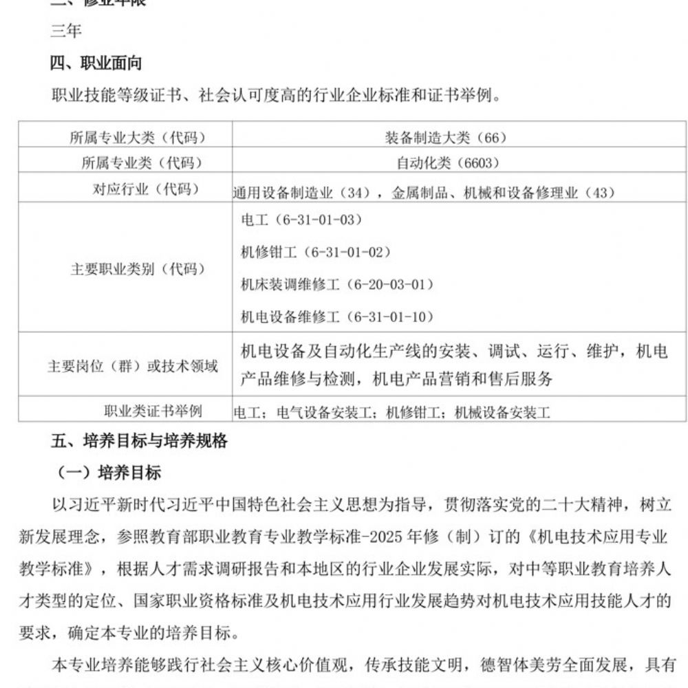 人才培养方案(2023年级机电专业)